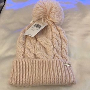 Michael Kors Soft Blush Pink Cable Knit Cuffed Beanie Hat Pink Pom Pom OS NWT
